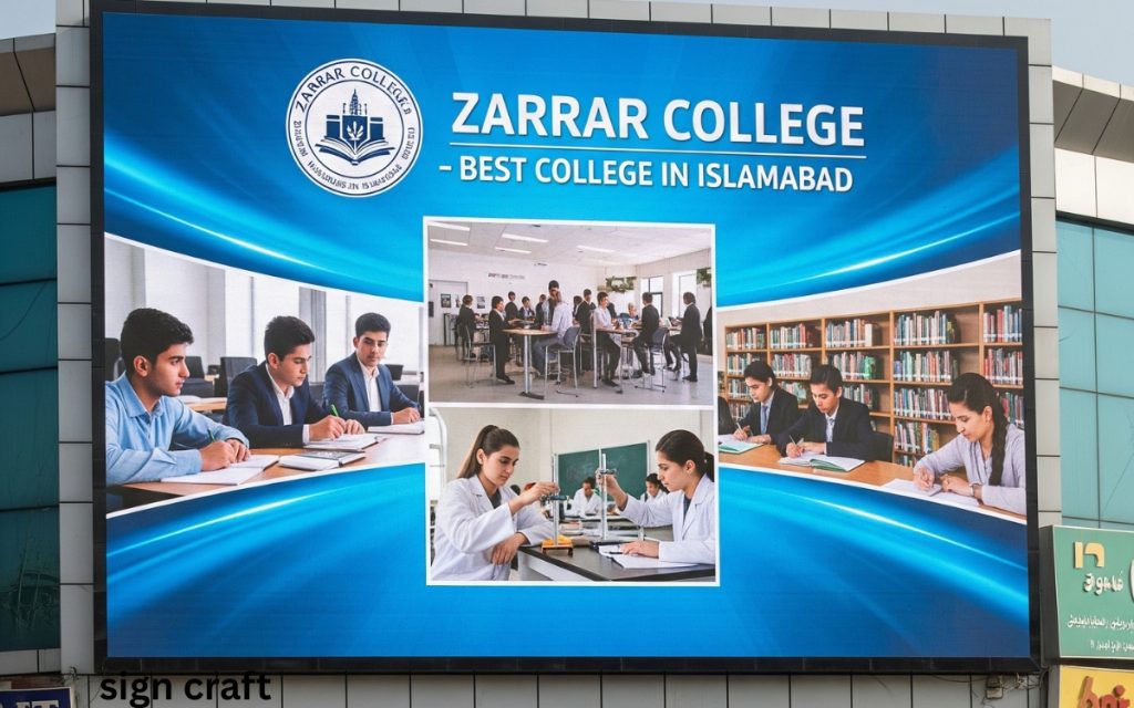 SMD Screen for Colleges in Islamabad: in the Pakistani market text on logo, Zarrar College best college in Islamabad