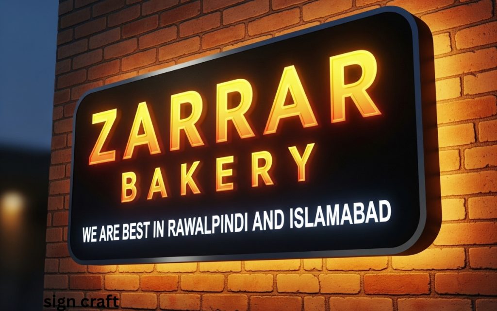 3d LED Signboard for Bakery in Rawalpindi text on board, Zarrar Bakery, we are best in rawalpindi and Islamabad