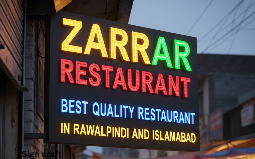 3D LED Sign Board for a Restaurant, in the Pakistani market text on logo, Zarrar Restaurant, best qulality Restaurant, in Rawalpindi and Islamabad