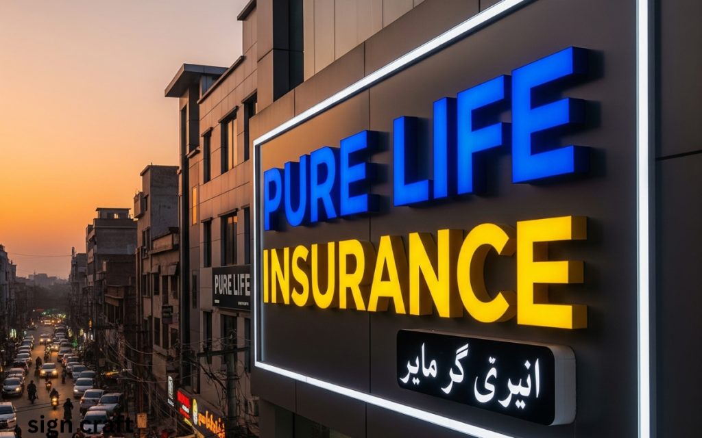 3D LED Sign 3D LED Boards for an Insurance company in Pkaitan text on board, Pure life Insurance