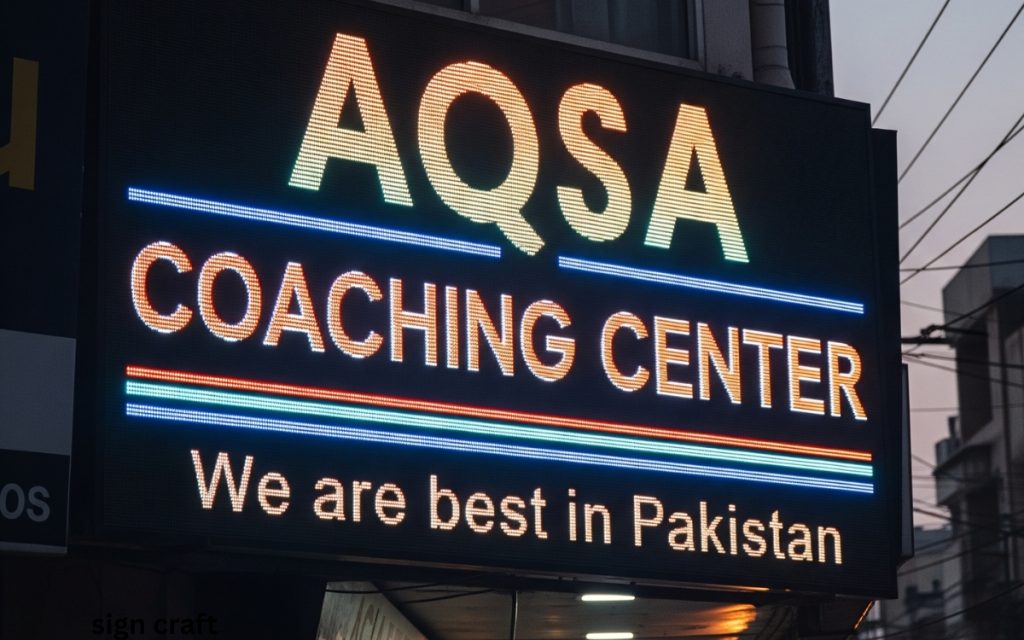 LED Signs for Coaching Centers in Pkaitan text on Aqsa Coaching Center, We are best in Pakistan