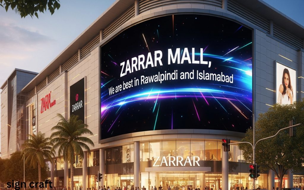 3D LED Sign Outdoor LED Advertising for Shopping Malls in Pakistan text on board, Zarrar Mall, we are best in Rawalpindi and Islamabad