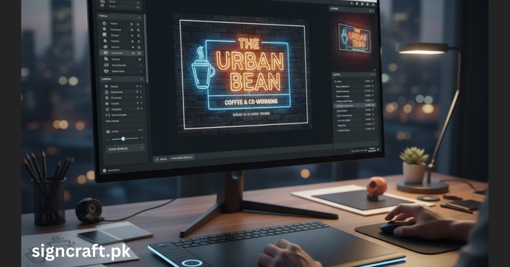 Professional is making sign board design in computer software