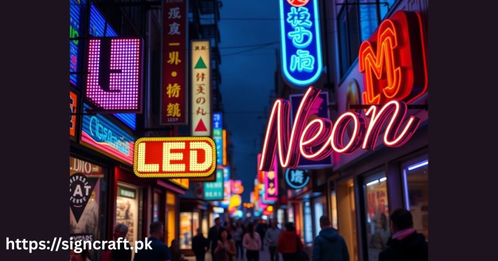 There is LED Sign boards are on left side and Neon Signboards are right side