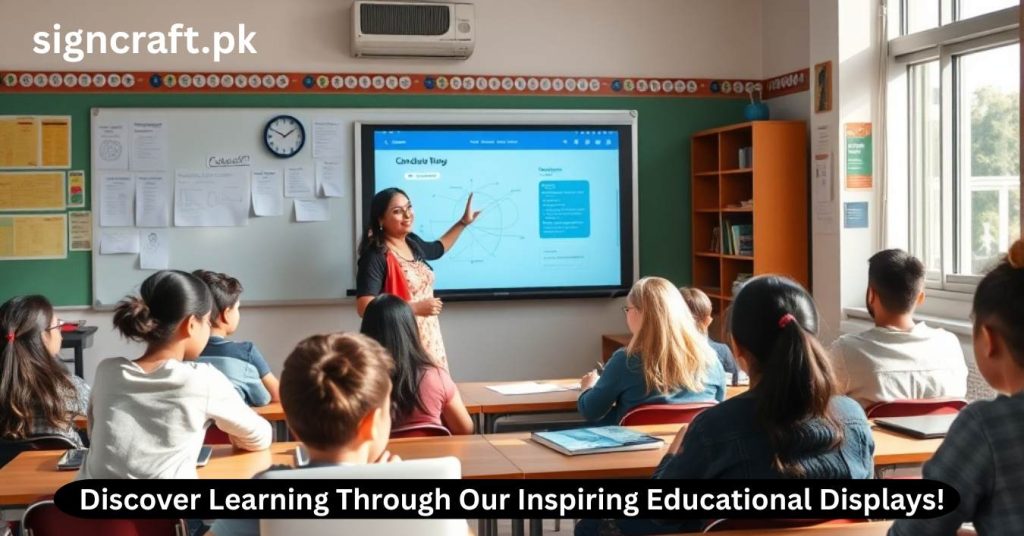 teacher is giving lecture through digital screen in class room