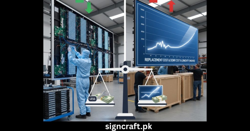 In one image same image two workers are working on Led