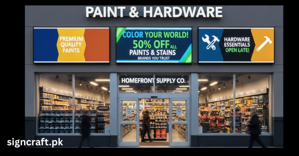 There is paint and hardware store with LED Boards