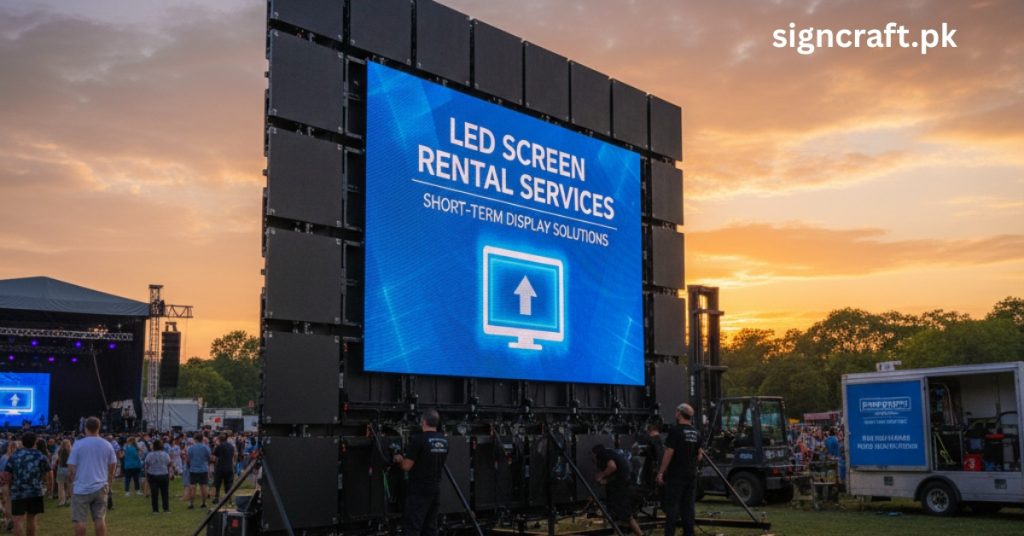 technicians are installing screen on rent in an event