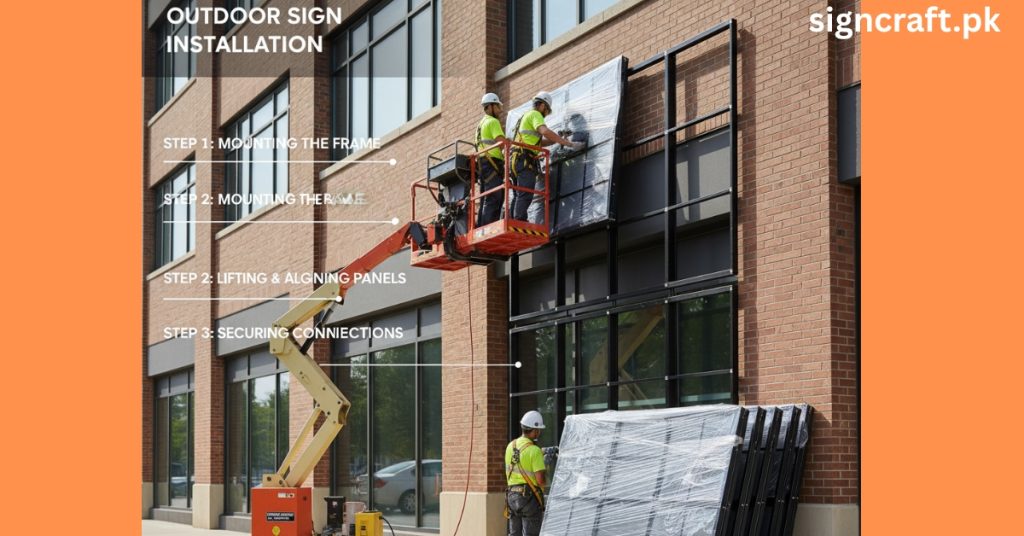 Workers are installing Outdoor LED Sign on Building