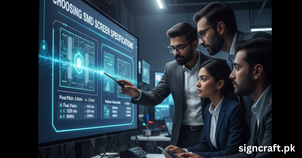 Manager is showing SMD Screen Specifications to its employees for customers