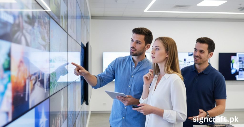 There is man and woman Choosing SMD screen