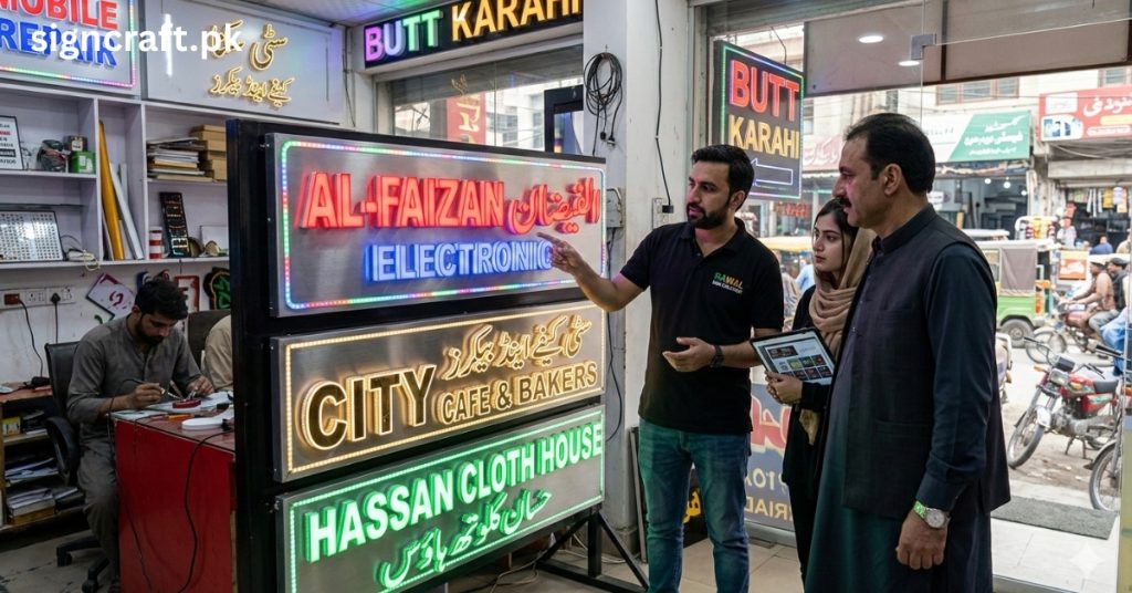 Employee is showing 3D LED Signboard to its customer