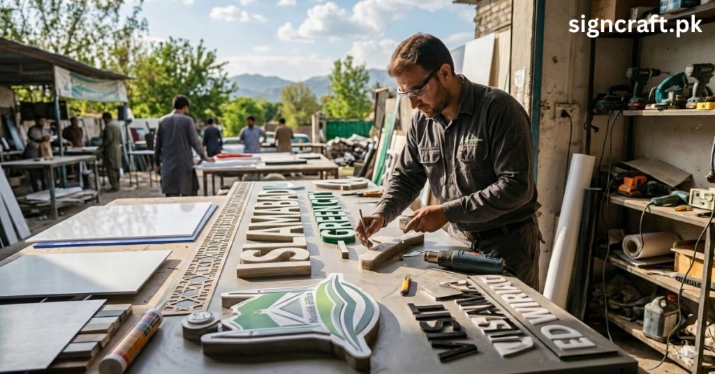 There is technicians are working 3D Signboard Materials for Islamabad Climate