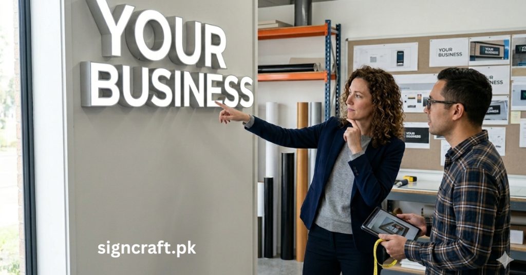 There is woman showing Selecting Right 3D Signboard Size for your business to a man